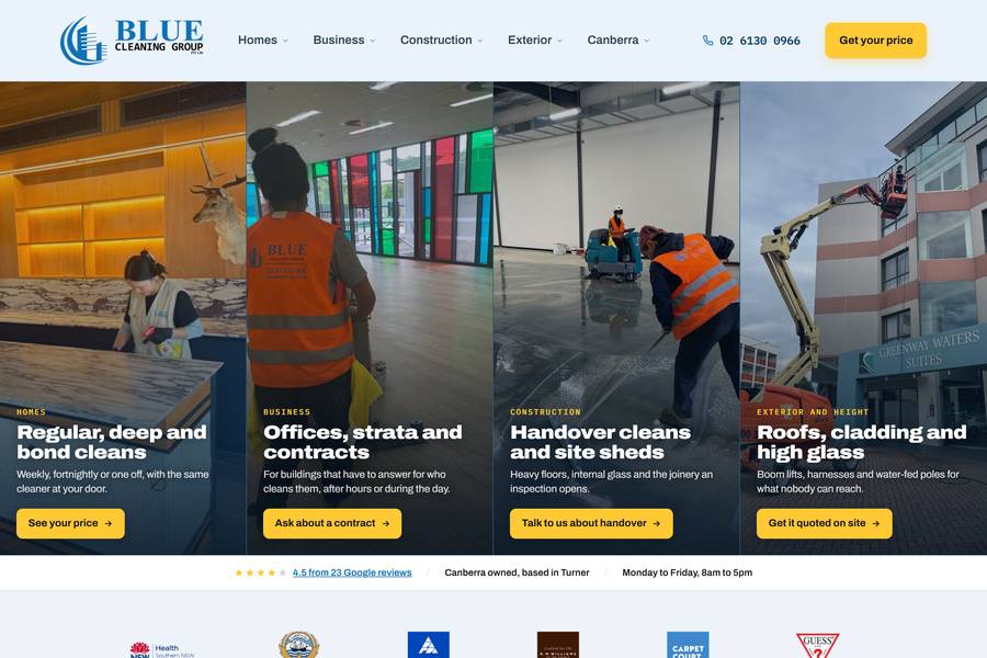 The Blue Cleaning Group home page: four panels of their crews at work, from 'Regular, deep and bond cleans' to 'Roofs, cladding and high glass'.