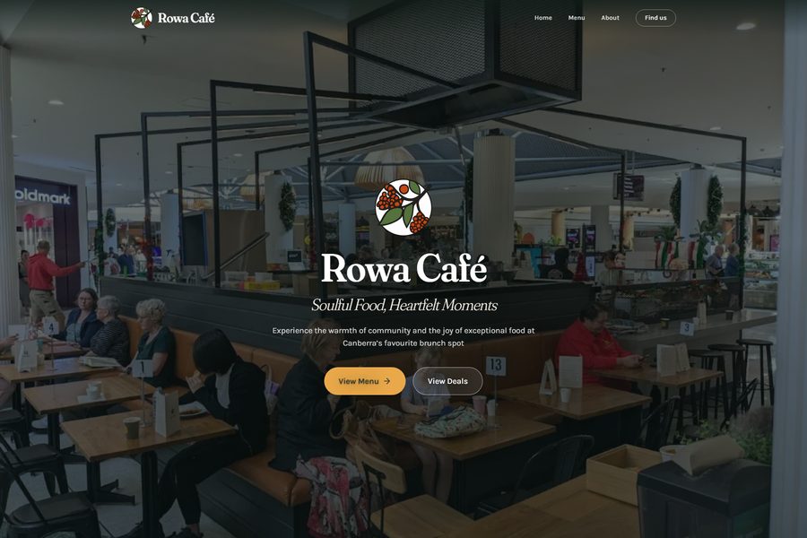 The Rowa Cafe home page: a photograph of the cafe full of customers behind the logo and the line 'Soulful Food, Heartfelt Moments'.