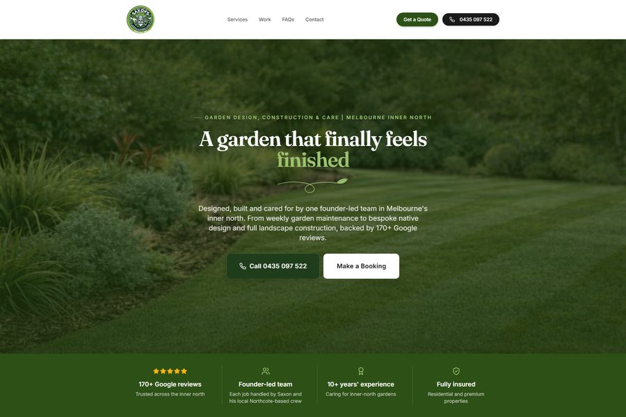 The Saxon Lawn Care home page: a photograph of a finished native garden behind the headline 'A garden that finally feels finished', with a trust strip underneath.